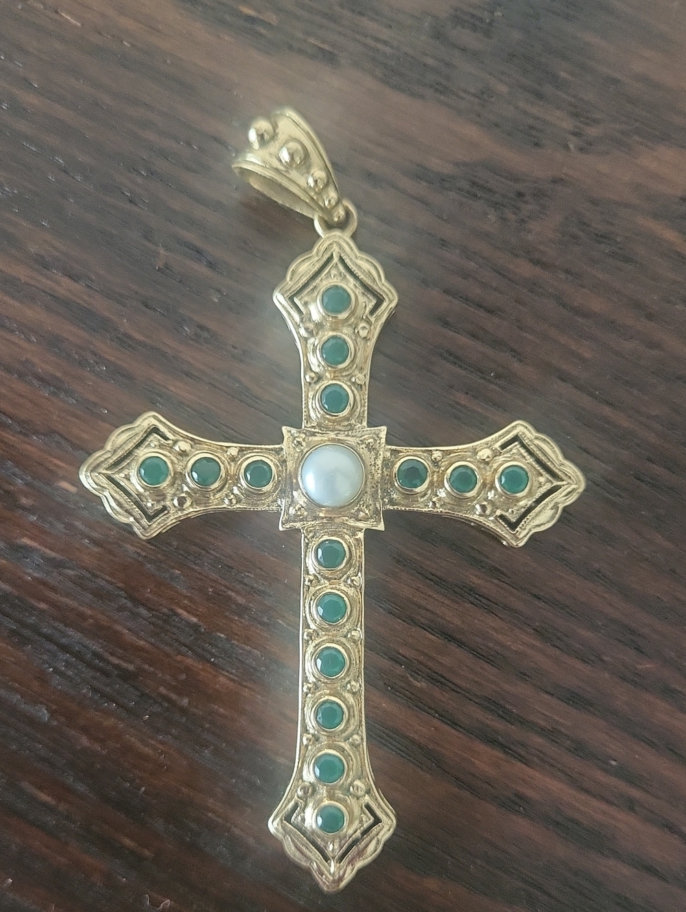 Vintage Nicky Butler Bronze Cross with Green Chalcedony & Genuine Pearl